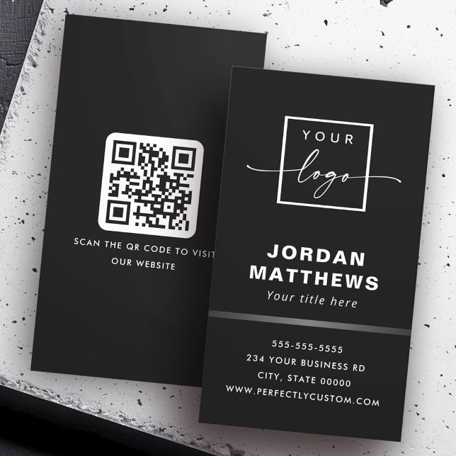 Elegantens logotyp QR grått-övertoning gräns svart Visitkort (Elegant logo QR code gray gradient border black Business Card)