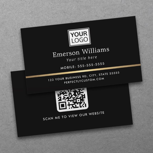 Elegantens logotyp QR-kod - svart övertoningsdelar Visitkort (Professional, black, elegant business cards with a golden gradient border, logo and QR code)