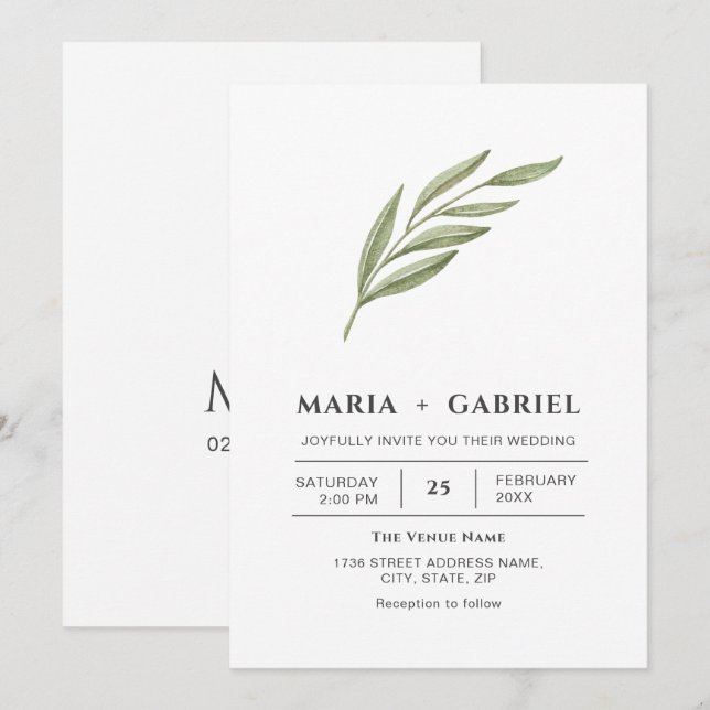 Elegantens löv. Enkel modern Bröllop Inbjudningar (Fram/baksida)