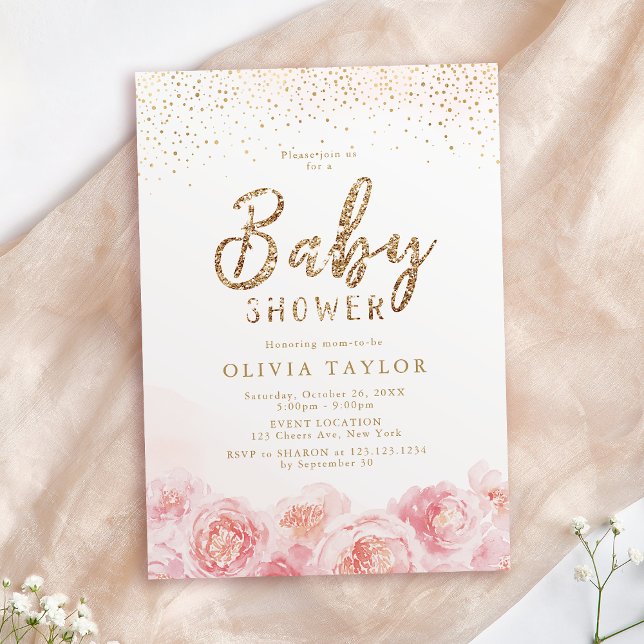 Elegantens manus guld &  blommigt babydusch inbjudningar (Elegant script gold & blush floral baby shower invitation)