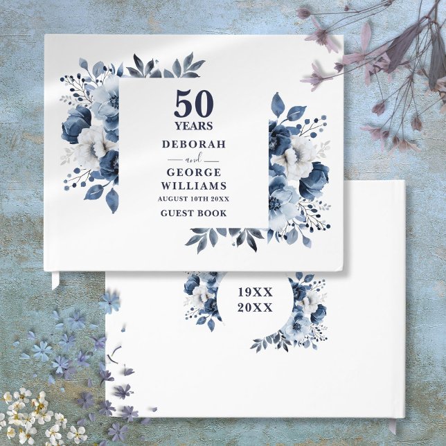 Elegantens marinblå Blommigt 50:e Bröllop-årsdagen Gästböcker (Elegant Navy Blue Floral 50th Wedding Anniversary Guest Book)