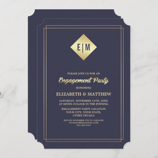 Elegantens marinblå | GULD FÖRLOVNINGSFEST Inbjudningar (Fram/baksida)