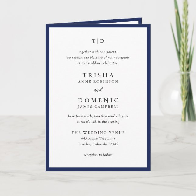 Elegantens marinblå monogram Modern Bröllop Inbjudan (Framsida)