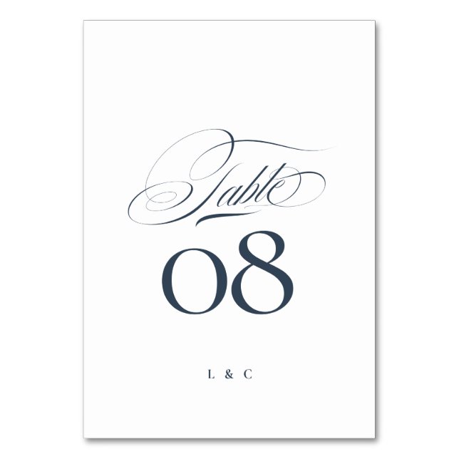 Elegantens marinblå på vit kalligrafi Bröllop Bordsnummer (Framsidan)