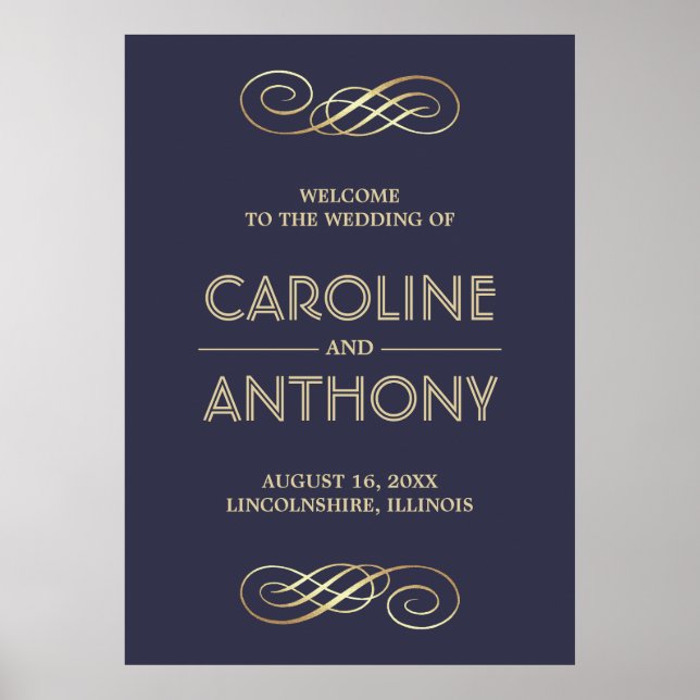Elegantens marinblå | Välkomstskylt för Guld Bröll Poster (Framsidan)