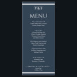 Elegantens marinblått minimalt, monogram, innersta meny<br><div class="desc">En marinblå och vit elegant minimalistisk meny för chic bröllop. Med chic av mönsterdesign för marin blå bakgrund och vit typografi. Och monogram eller initialer överst och vit rand överst och överst.</div>