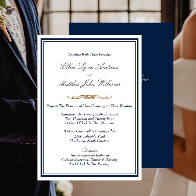 Elegantens marinblått, vitt och Guld Bröllop Inbjudningar (Elegant Navy Blue, White and Gold Wedding Invitation)