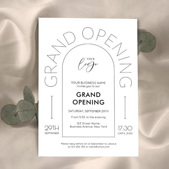 Elegantens minimalistiska Arch New Business Grand  Inbjudningar (Elegant business grand opening invitation in black and white with thin arch background)
