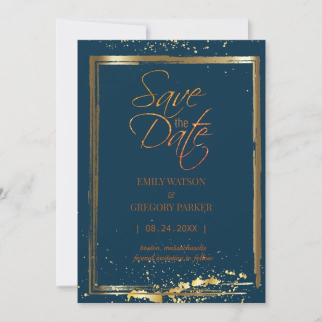 Elegantens minimalistiska blå guld sparar datumet spara datumet (Framsida)