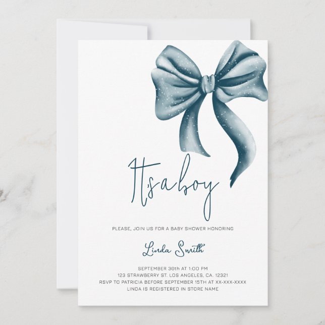 Elegantens minimalistiska Blue Bow Boy Shower Inbjudningar (Framsida)
