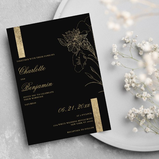 Elegantens minimalistiska chic svart guld blommigt inbjudningar (Elegant minimalist chic black gold floral wedding )