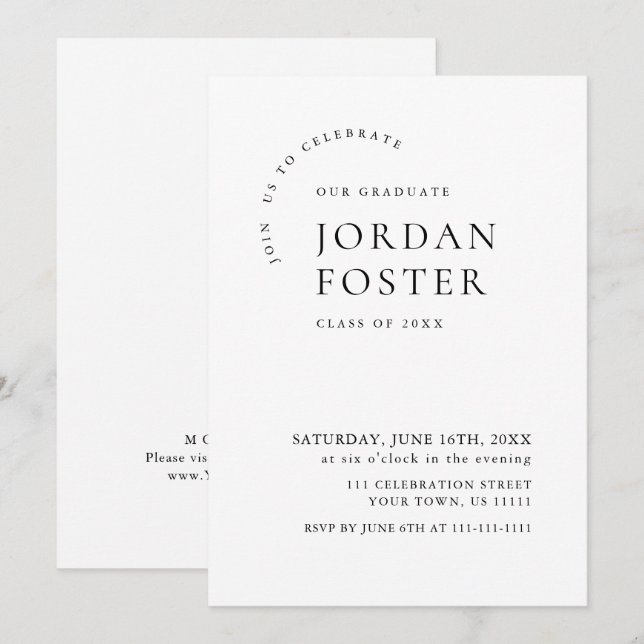 Elegantens minimalistiska moderna Studentfest Inbjudningar (Fram/baksida)