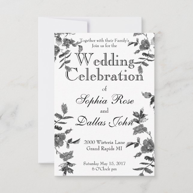 Elegantens minimalistiska moderna svarta vita blom inbjudningar (Framsida)