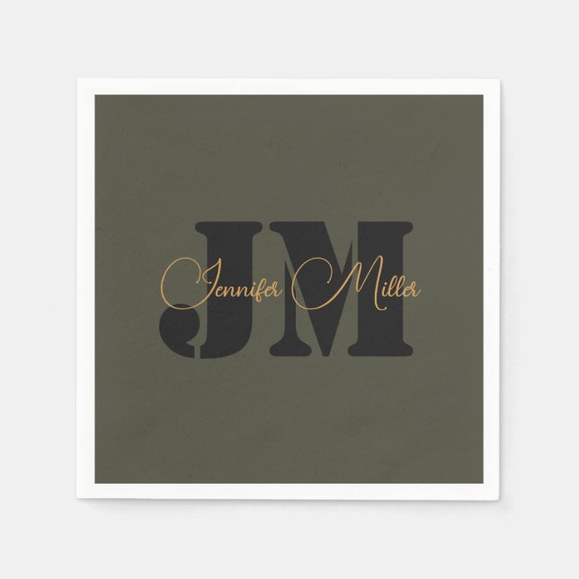 Elegantens minimalistiska mörk olivoljans monogram pappersservett (Framsidan)