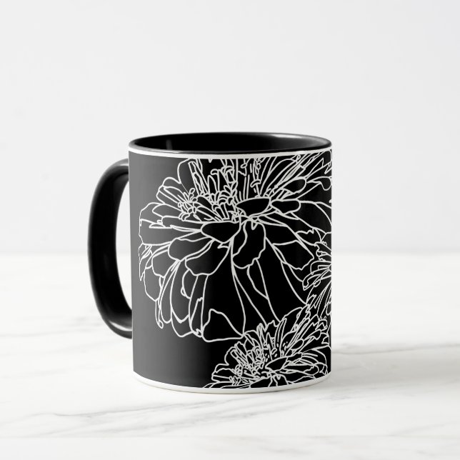 Elegantens minsta svarta vita blomlinje teckning mugg (Framsida vänster)