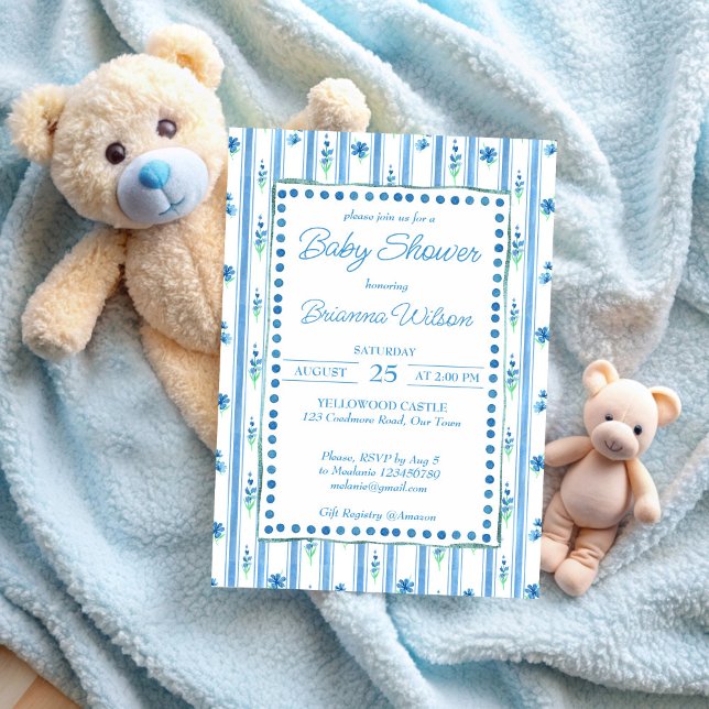 Elegantens moderna babydusch i blå rand inbjudningar (Elegant modern blue stripes baby shower invitation cards template instant download)