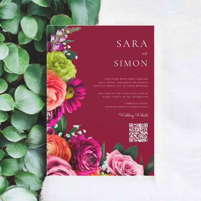 elegantens moderna blommigt för QR-kod, burgundy b Inbjudningar (modern  burgundy wedding invitation with qr code , )