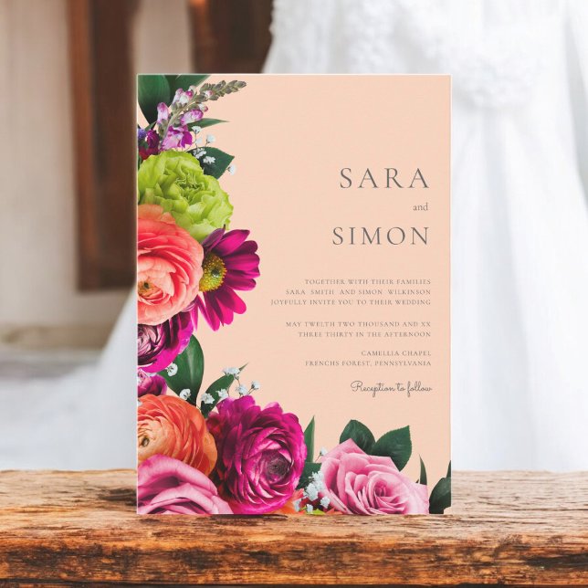 Elegantens moderna blommigt Peach bröllop Inbjudningar (vibrant florals on a light pink background wedding invitation 
)