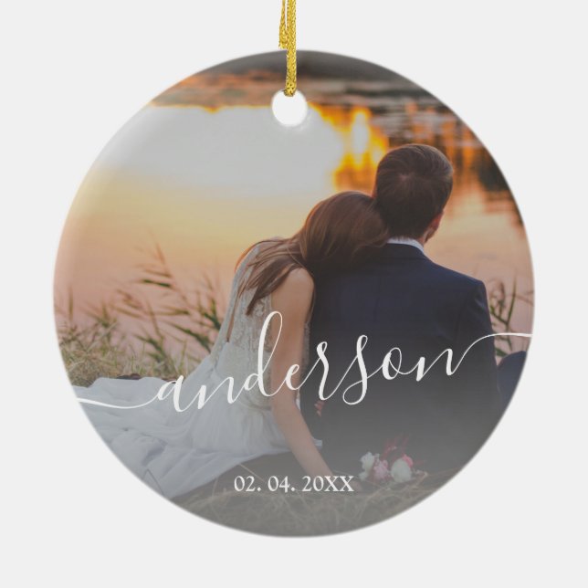 Elegantens moderna familjefoto med minimal anpassn julgransprydnad keramik (Baksidan)