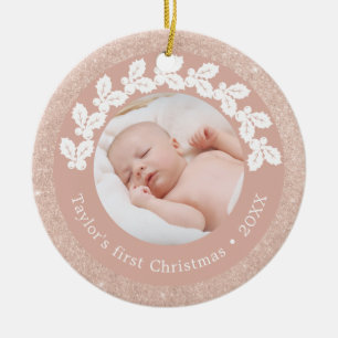 Elegantens moderna första julfoto i baby julgransprydnad keramik