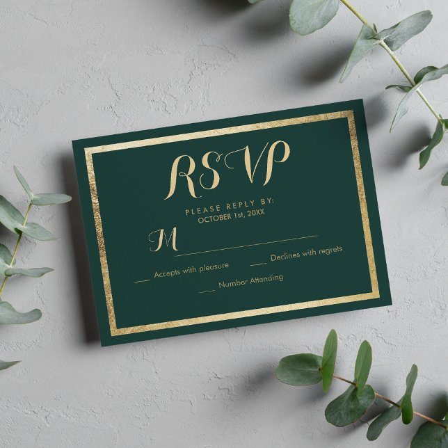 Elegantens moderna grönt av skogar faux guld OSA Kort (Elegant modern forest green faux gold RSVP)