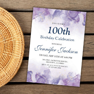 Elegantens moderna lila & guld blommigt 100-årsdag inbjudningar