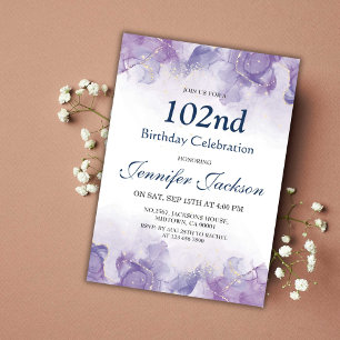Elegantens moderna lila & guld blommigt 102:a föde inbjudningar