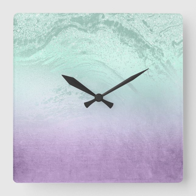 Elegantens moderna lila- och myntmarmor glitter fyrkantig klocka (Framsida)