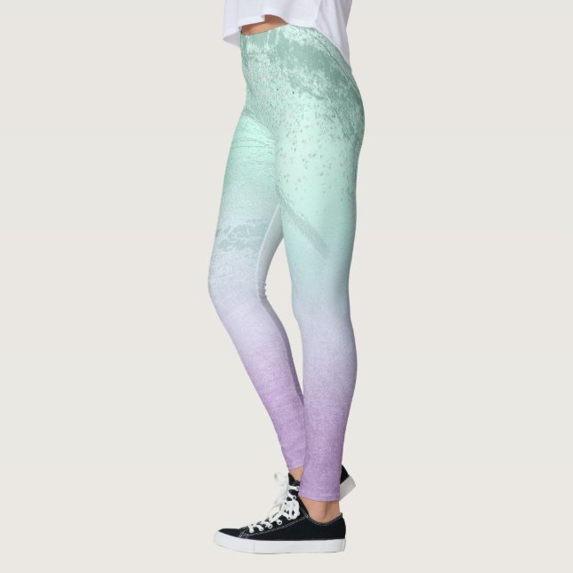 Elegantens moderna lila- och myntmarmor glitter leggings (Vänster)