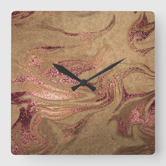 Elegantens moderna marmor av kopparmarmor ro guld fyrkantig klocka (Framsida)