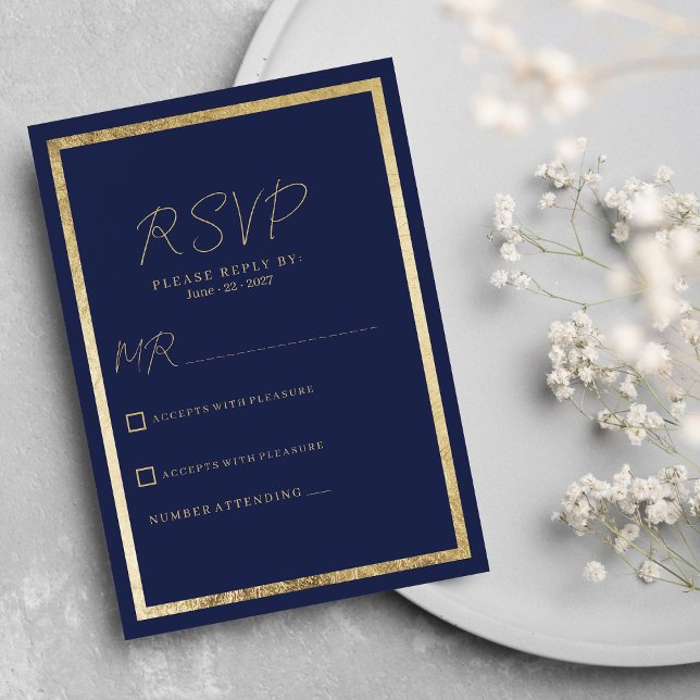 Elegantens moderna minimalistiska OSA vid den blå  Inbjudningar (Elegant modern minimalist navy blue gold RSVP )