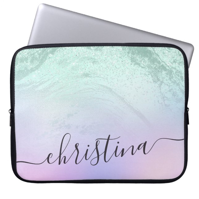 Elegantens moderna övertoningsmynta grönt glitter  laptop fodral (Framsidan)