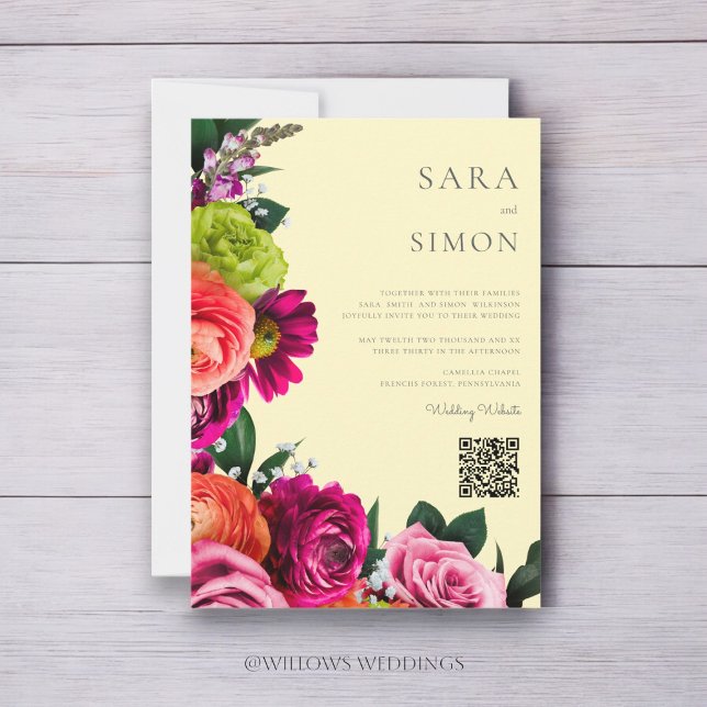 elegantens moderna QR-blommigt bröllop Inbjudningar (modern wedding website qr code vibrant florals wedidng invitation )