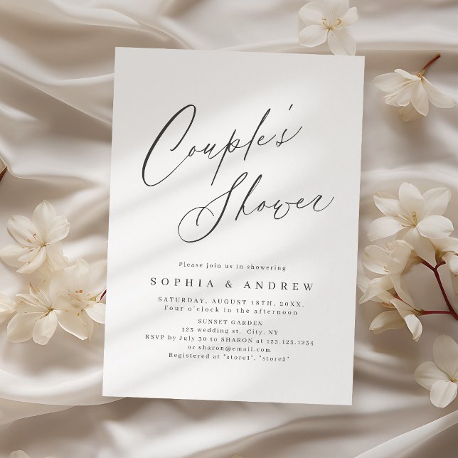 Elegantens moderna skript, minimal dusch av par inbjudningar (Elegant modern script minimal couples shower invitation)