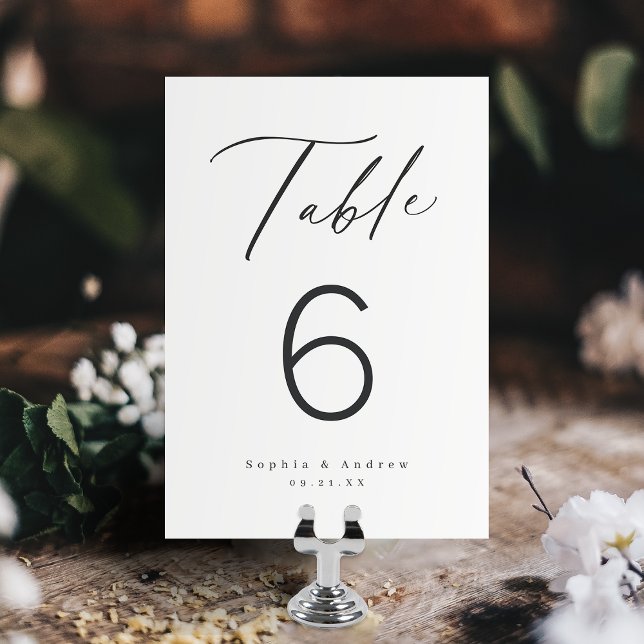 Elegantens moderna skript, minimalistisk bröllop bordsnummer (Elegant modern script minimalist wedding table number card)