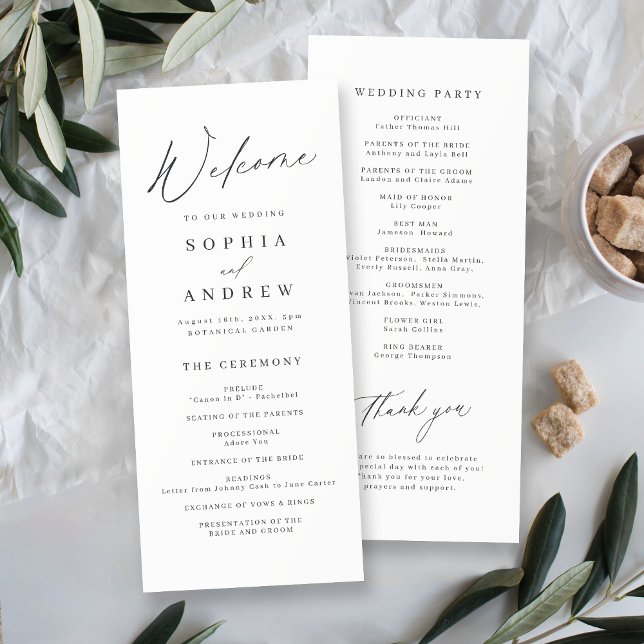 Elegantens moderna skript, minimalistisk bröllop program (Elegant modern script minimalist wedding program)