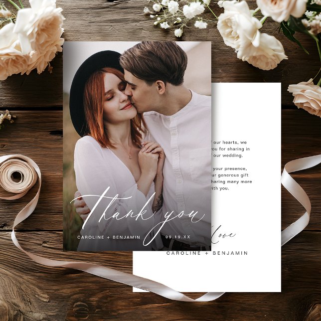 Elegantens moderna skript - minimalistisk bröllop  tack kort (Elegant modern script minimalist wedding thank you)