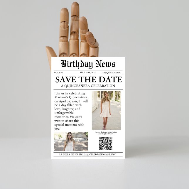 Elegantens moderna tidningsartikel Quinceañera qr- Spara Datumet (Skapare uppladdad)