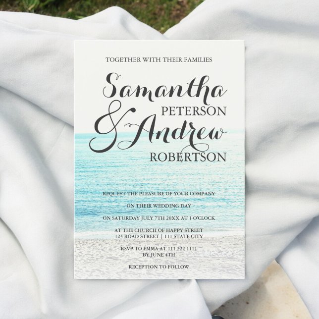 Elegantens moderna tropiska strandfotografi bröllo inbjudningar (Elegant modern tropical beach photography wedding invitation)