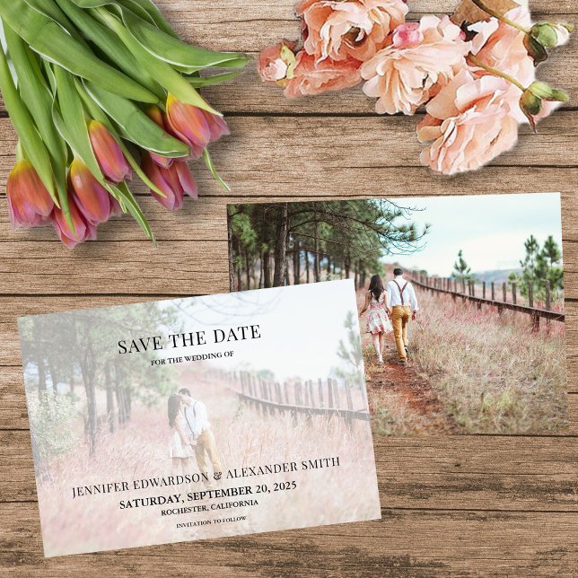 Elegantens moderna typografibild Spara datumkortet Inbjudningar (Elegant modern typography photo Save the Date card.)