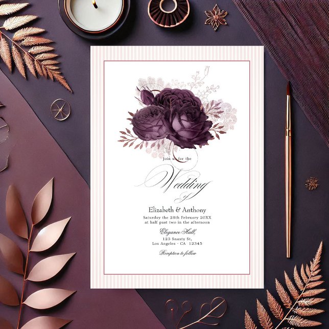 Elegantens Mörk Lila och Ro Guld Blommigt Bröllop Inbjudningar (Elegant Dark Purple and Rose Gold Floral Wedding Invitation)