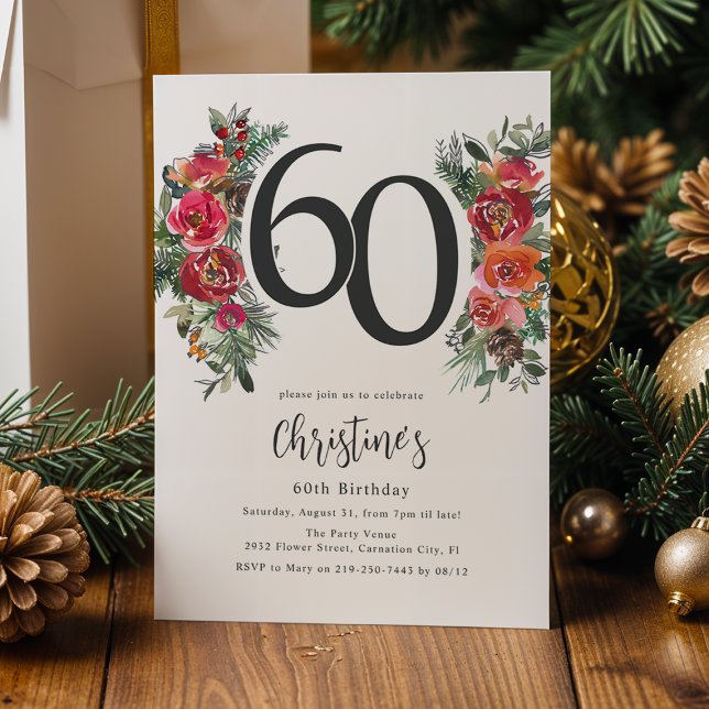 Elegantens Orange och Röd Blommigt 60:e födelsedag Inbjudningar (Skapare uppladdad)