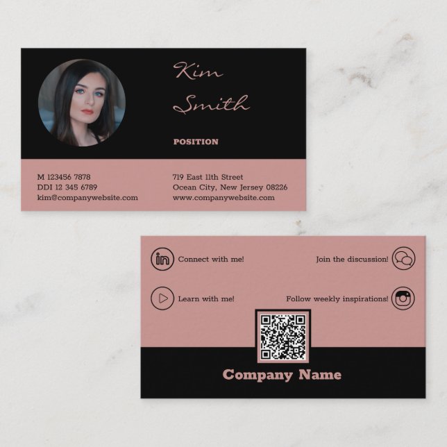 Elegantens Professionell QR-kod, svartvitt och Ros Visitkort (Fram/baksida)