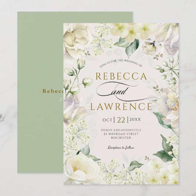Elegantens romantiska vita sage blommigt bröllop inbjudningar (Fram/baksida)