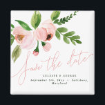 elegantens rosa av vattenfärg sparar datumet magnet<br><div class="desc">Låt dina vänner och din familj få veta ditt speciellare datum med den här vackra handmålade vattenfärgsdesignen. Med elegantens  rosa och gröntens löv med handskrivna kalligrafbokstäver i stil kommer det att vara en perfekt komplimang för alla bröllop stil. Texten är redigerbar så att du kan lägga till egna uppgifter.</div>