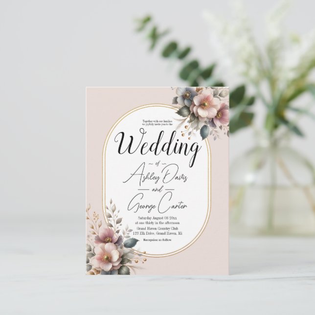 Elegantens rosa, blått och grädde blommigt bröllop vykort (Stående Fram)