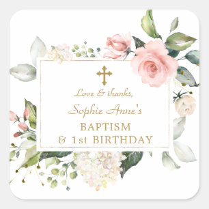 Elegantens Rosa Blommigt Baptism vid födelsedag 1 Fyrkantigt Klistermärke