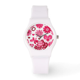 Elegantens rosa, blommigtens hjärtan, motif monogr armbandsur