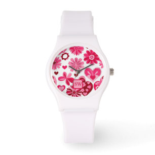 Elegantens rosa, blommigtens hjärtan, motif monogr armbandsur