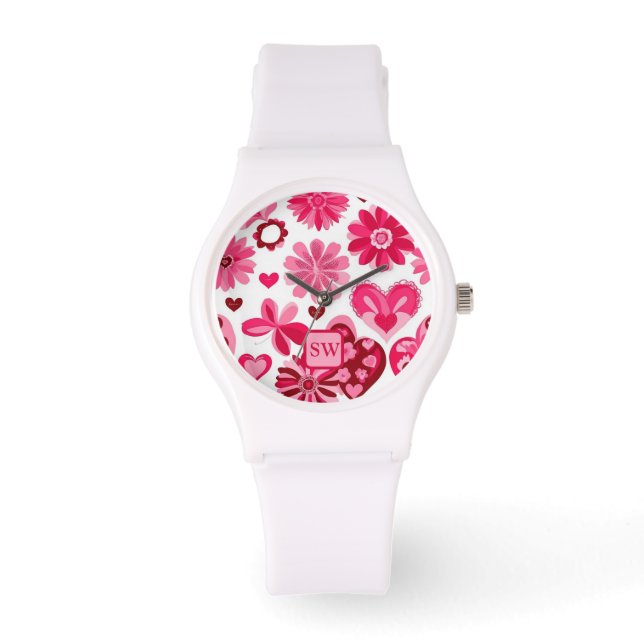Elegantens rosa, blommigtens hjärtan, motif monogr armbandsur (Framsida)